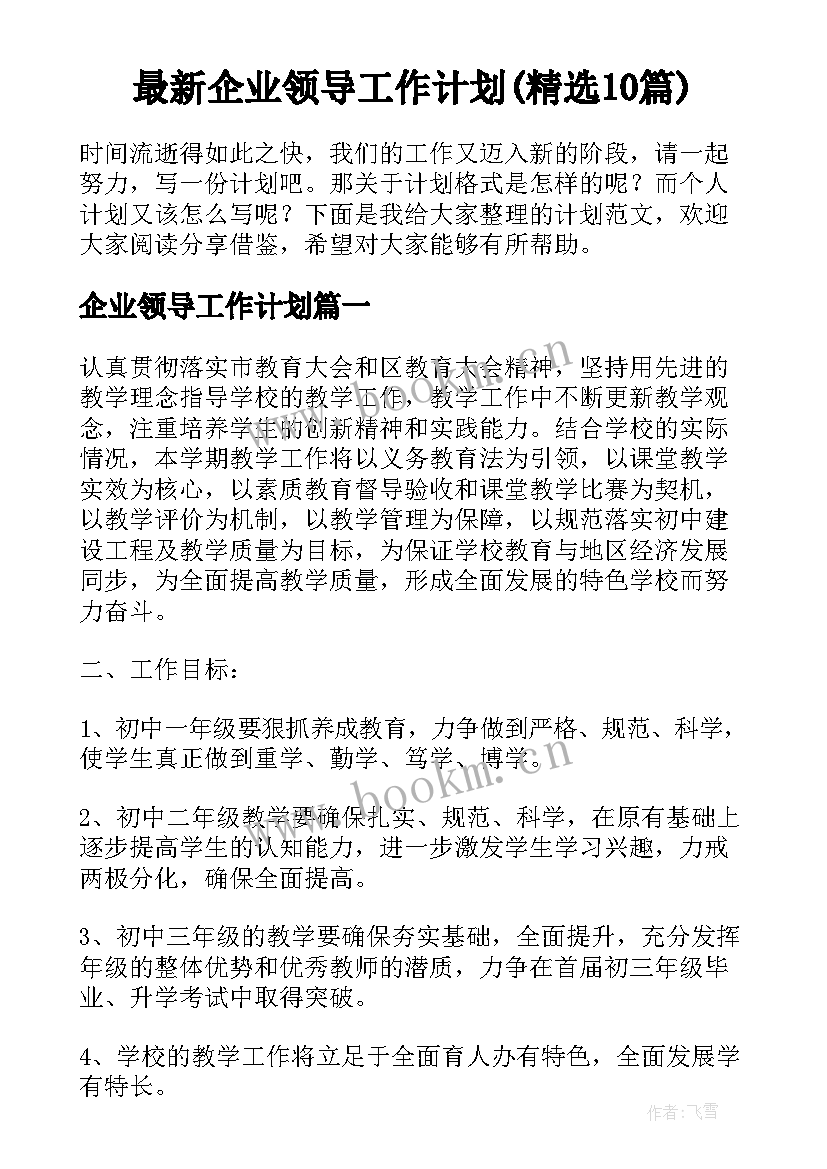 最新企业领导工作计划(精选10篇)