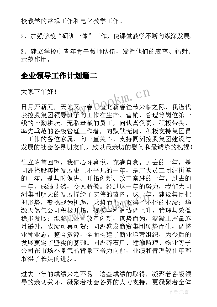 最新企业领导工作计划(精选10篇)