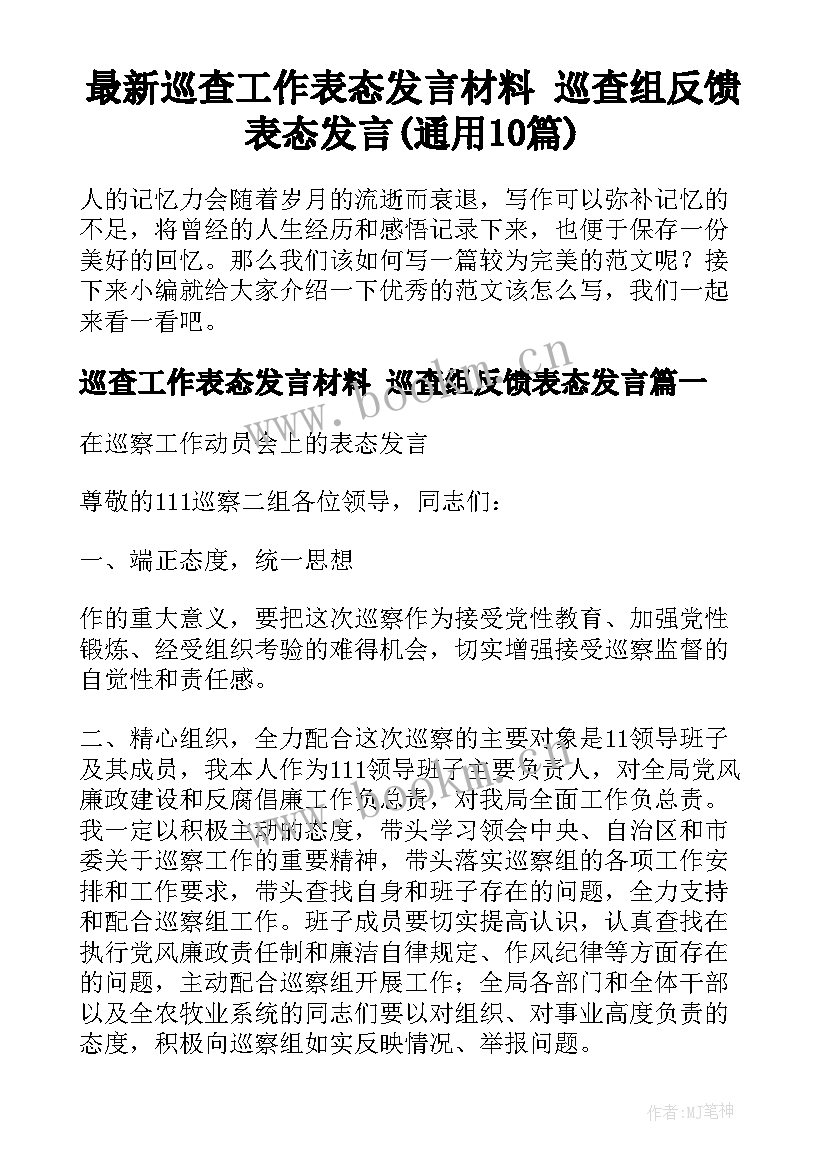 最新巡查工作表态发言材料 巡查组反馈表态发言(通用10篇)