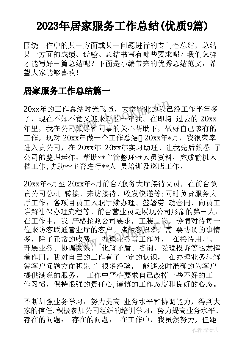 2023年居家服务工作总结(优质9篇)