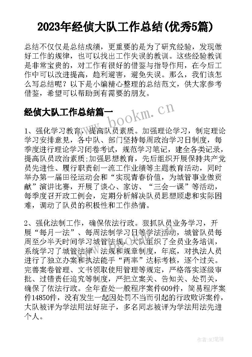 2023年经侦大队工作总结(优秀5篇)