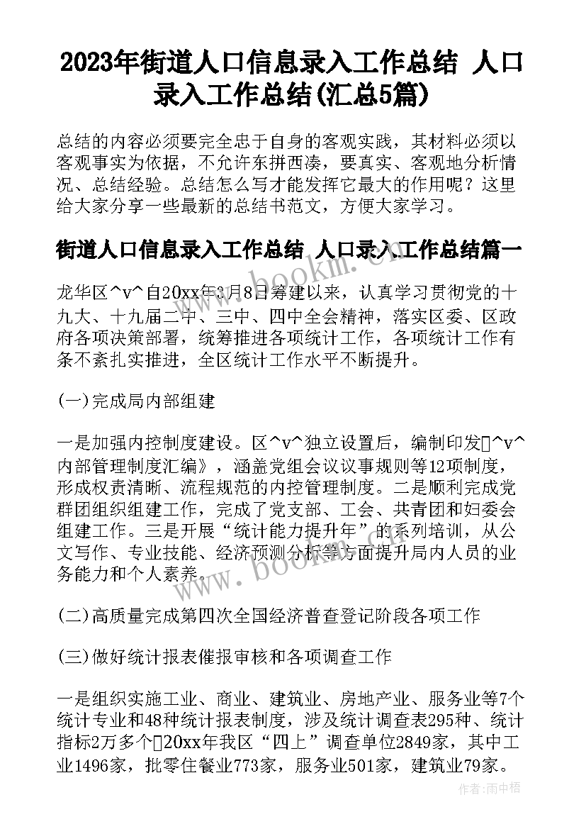 2023年街道人口信息录入工作总结 人口录入工作总结(汇总5篇)