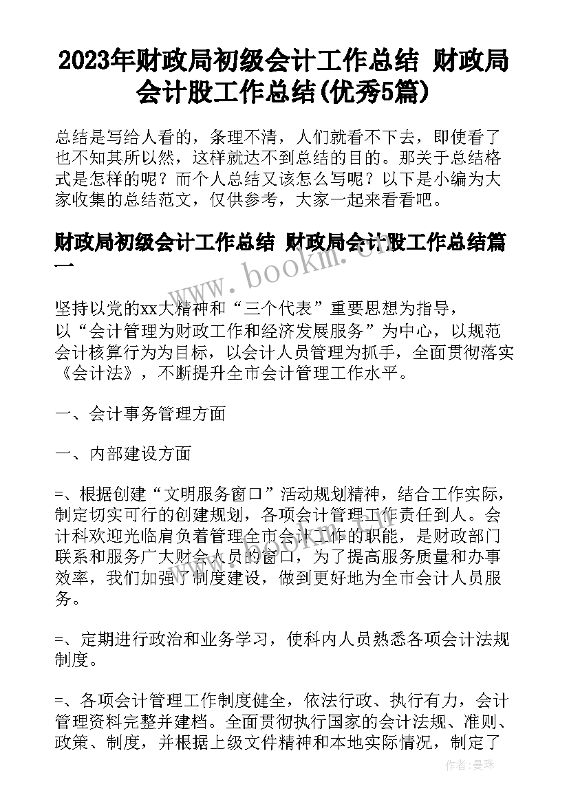 2023年财政局初级会计工作总结 财政局会计股工作总结(优秀5篇)