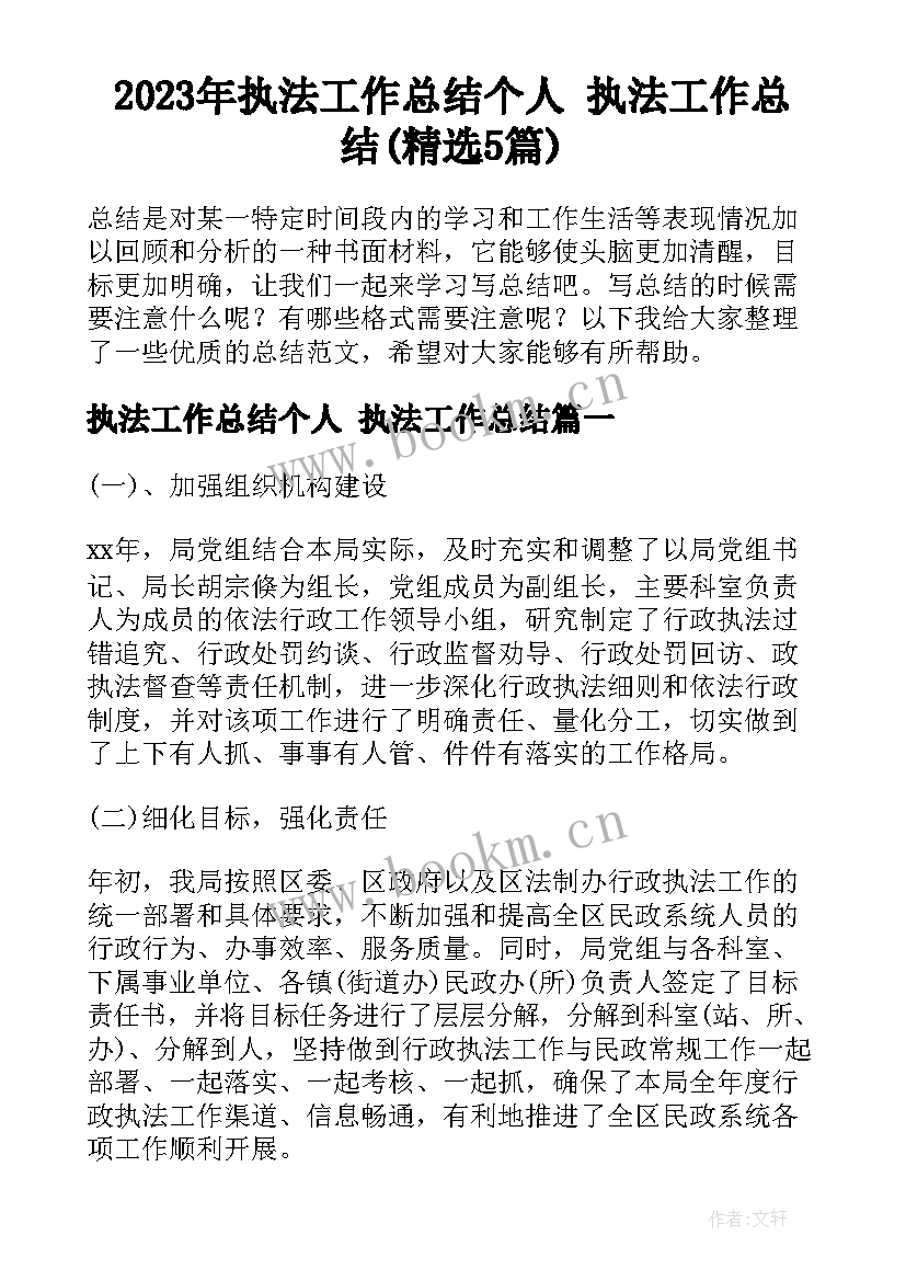 2023年执法工作总结个人 执法工作总结(精选5篇)