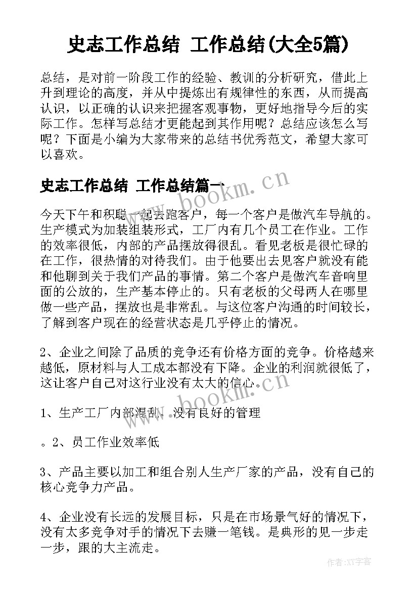 史志工作总结 工作总结(大全5篇)