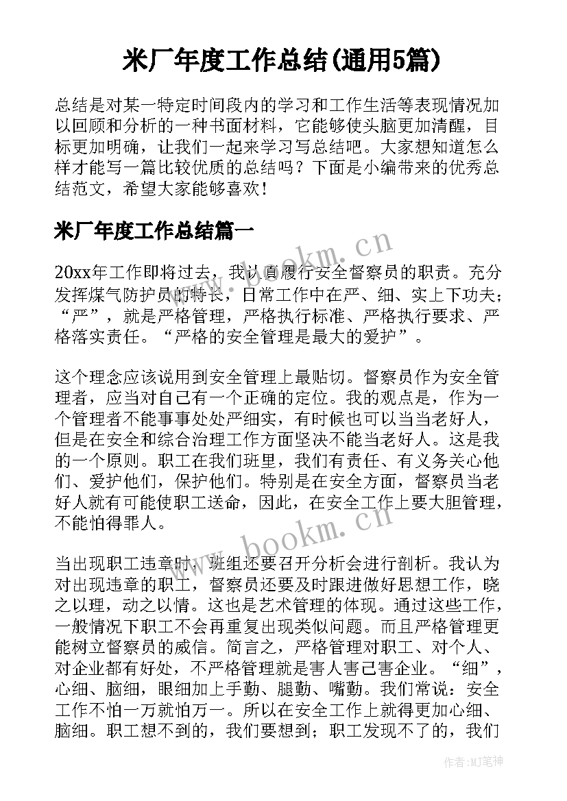 米厂年度工作总结(通用5篇)