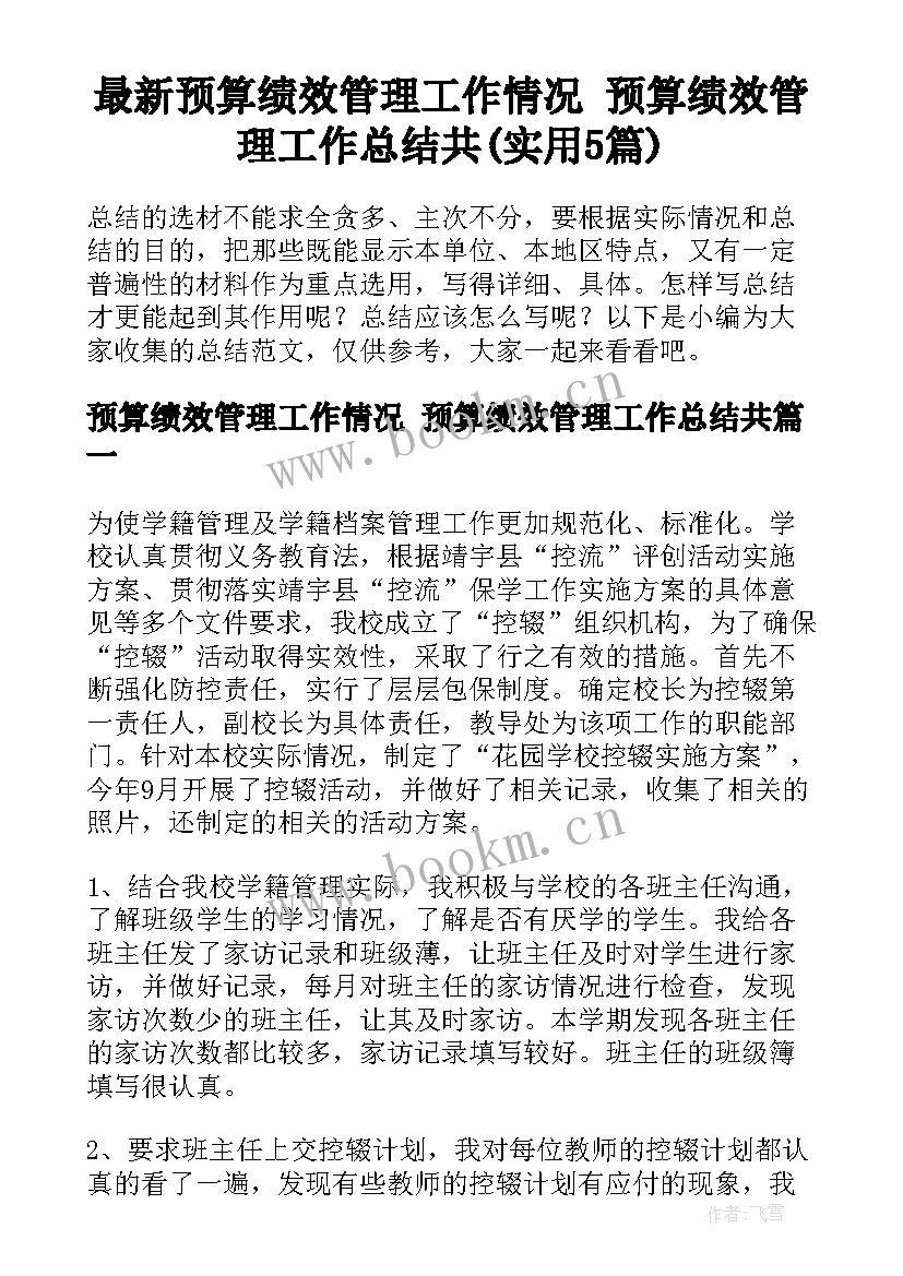 最新预算绩效管理工作情况 预算绩效管理工作总结共(实用5篇)