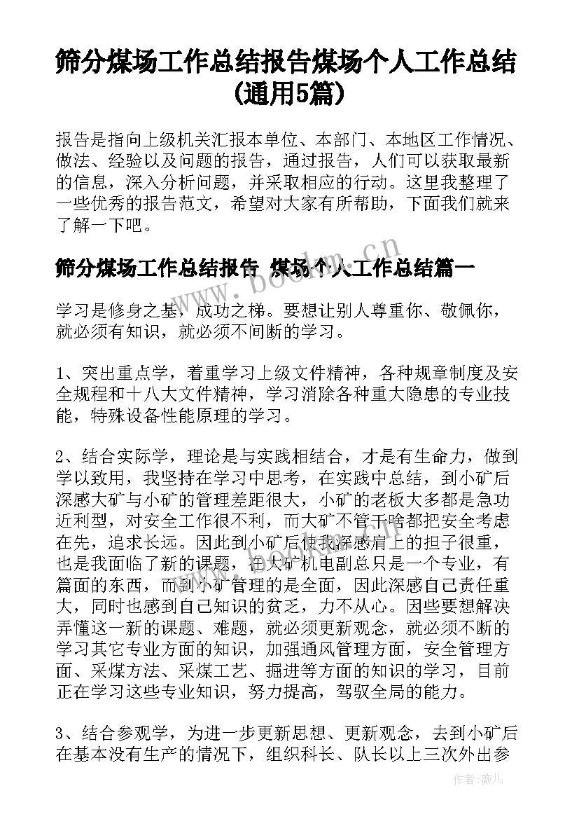 筛分煤场工作总结报告 煤场个人工作总结(通用5篇)