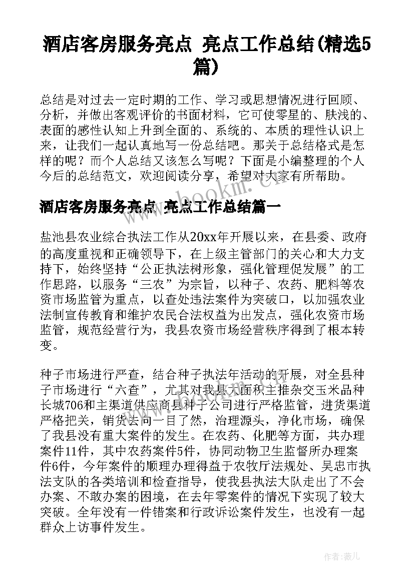 酒店客房服务亮点 亮点工作总结(精选5篇)