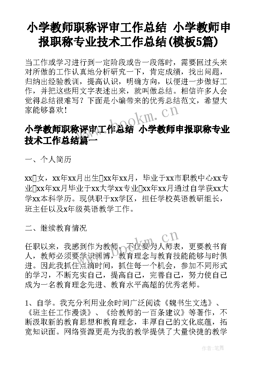 小学教师职称评审工作总结 小学教师申报职称专业技术工作总结(模板5篇)