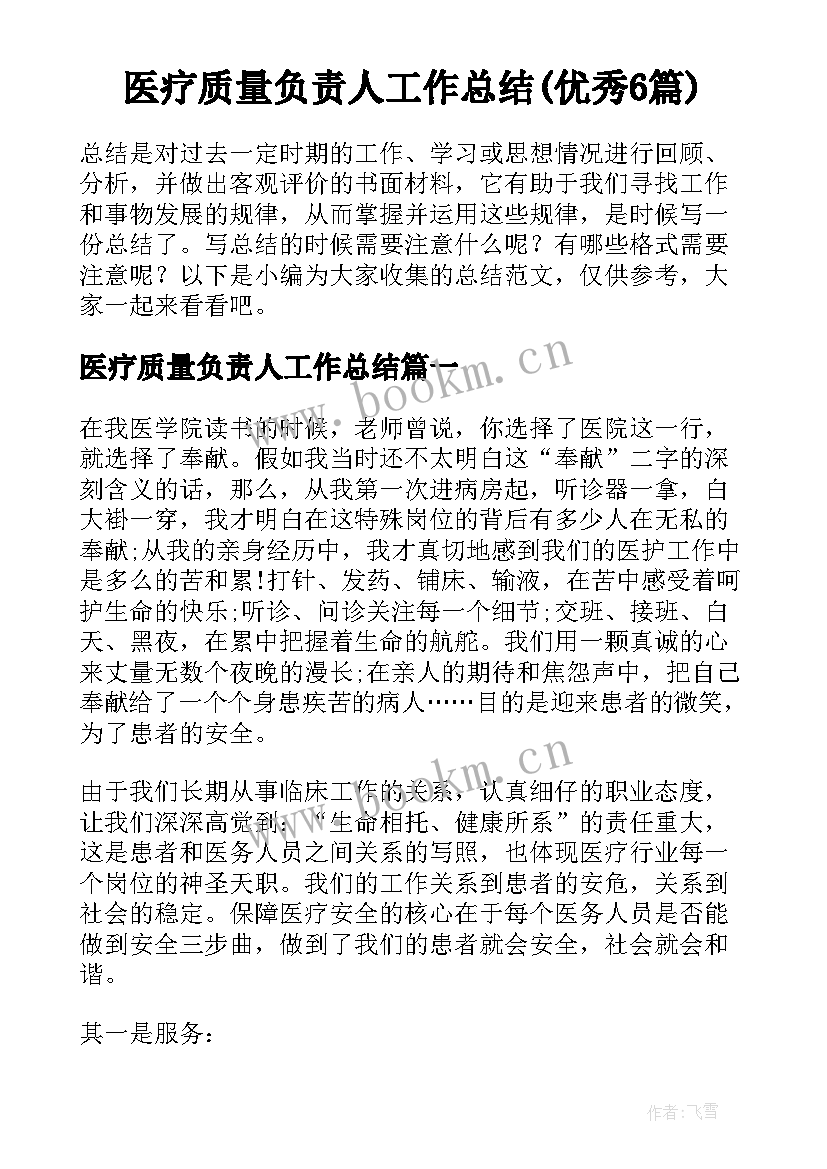 医疗质量负责人工作总结(优秀6篇)