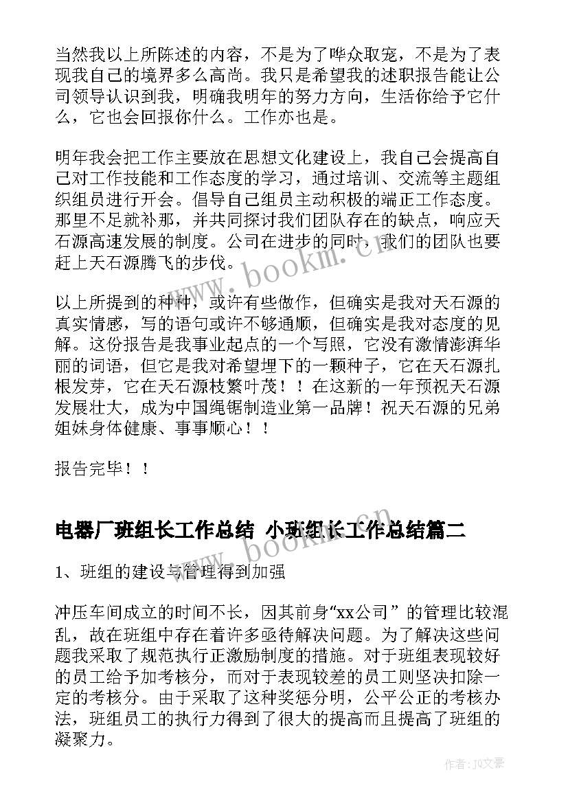 2023年电器厂班组长工作总结 小班组长工作总结(汇总9篇)