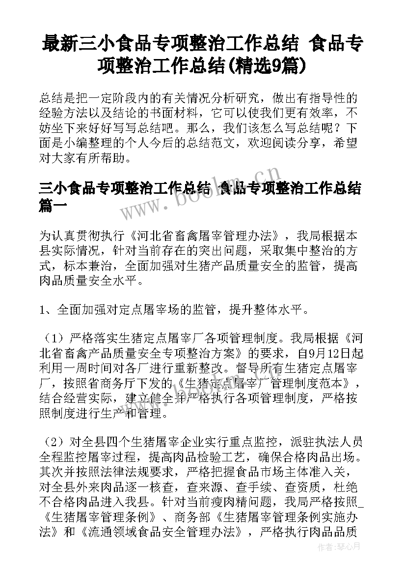 最新三小食品专项整治工作总结 食品专项整治工作总结(精选9篇)