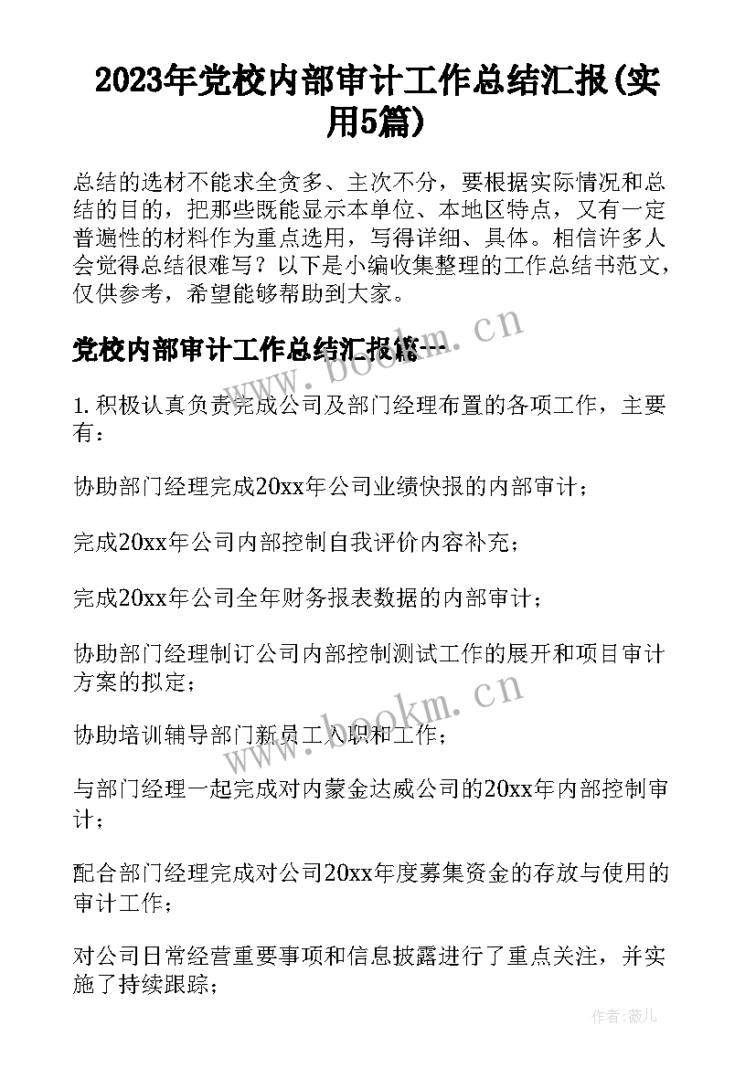 2023年党校内部审计工作总结汇报(实用5篇)