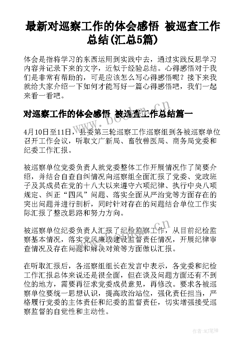 最新对巡察工作的体会感悟 被巡查工作总结(汇总5篇)