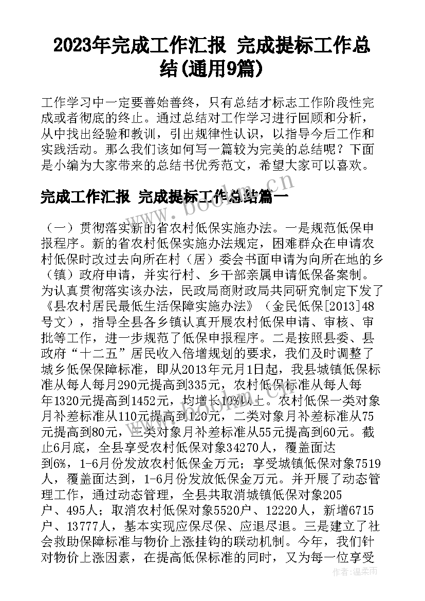 2023年完成工作汇报 完成提标工作总结(通用9篇)