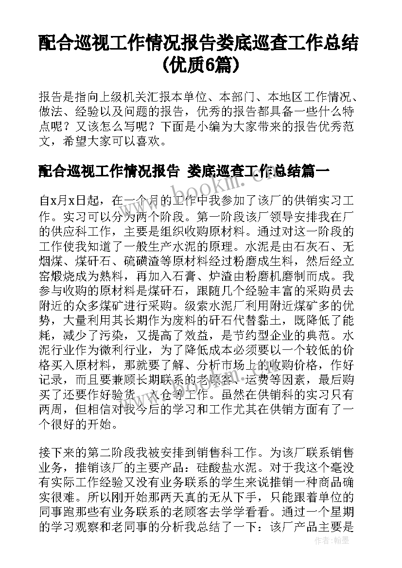 配合巡视工作情况报告 娄底巡查工作总结(优质6篇)