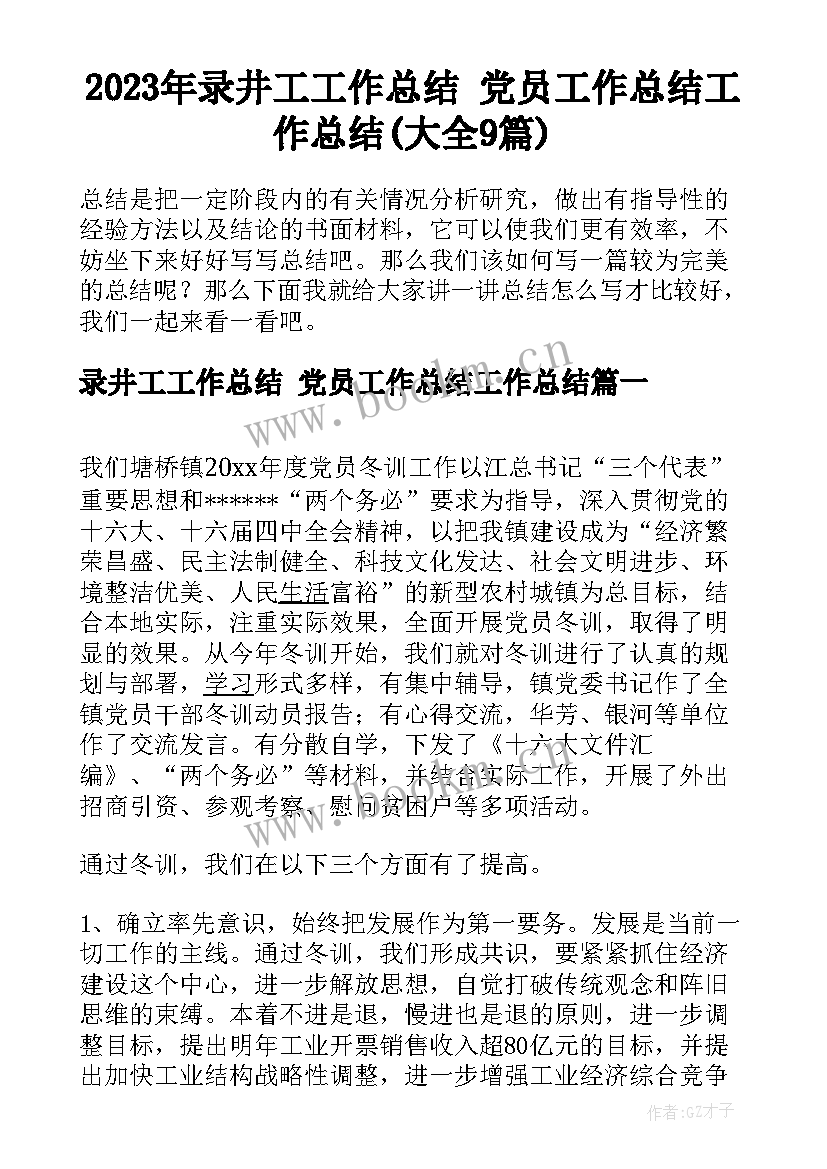 2023年录井工工作总结 党员工作总结工作总结(大全9篇)