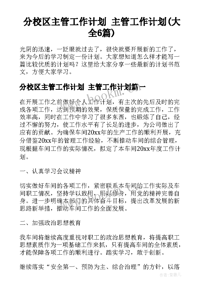 分校区主管工作计划 主管工作计划(大全6篇)