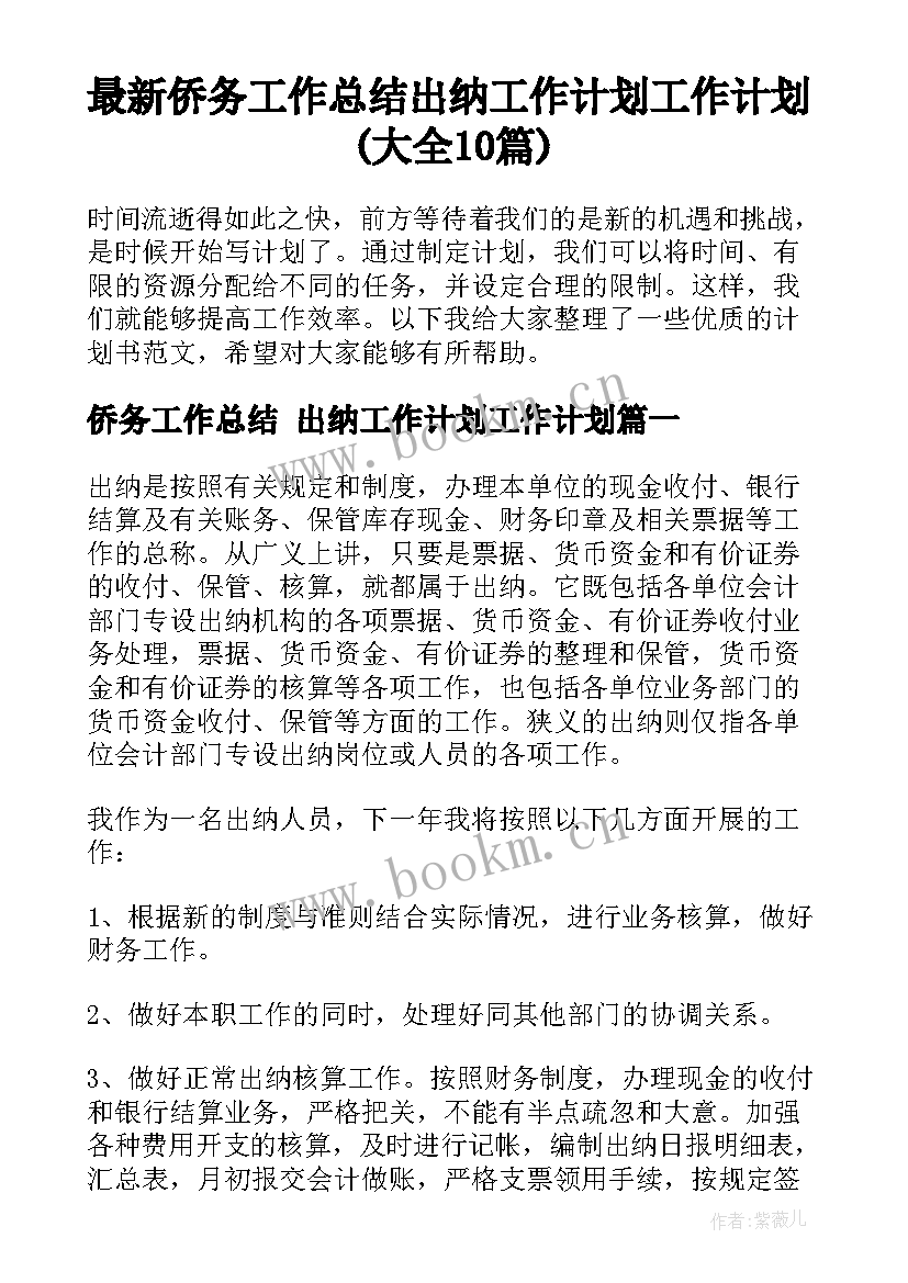 最新侨务工作总结 出纳工作计划工作计划(大全10篇)