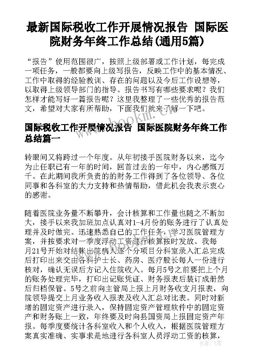 最新国际税收工作开展情况报告 国际医院财务年终工作总结(通用5篇)