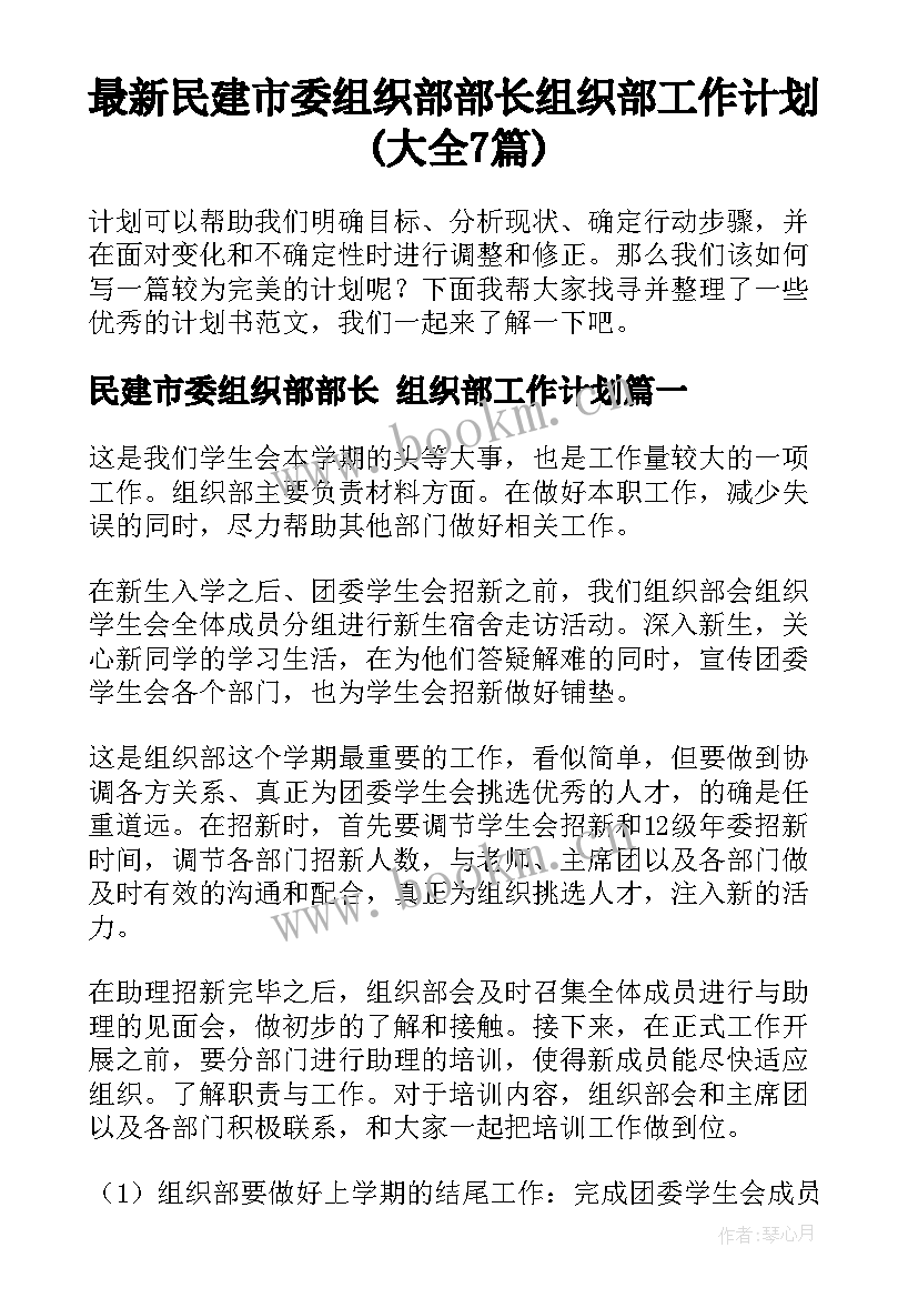 最新民建市委组织部部长 组织部工作计划(大全7篇)