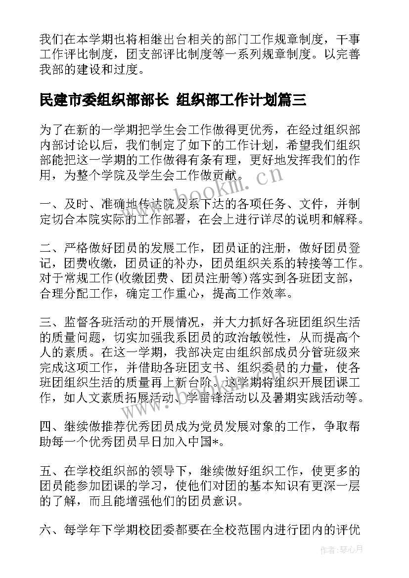 最新民建市委组织部部长 组织部工作计划(大全7篇)