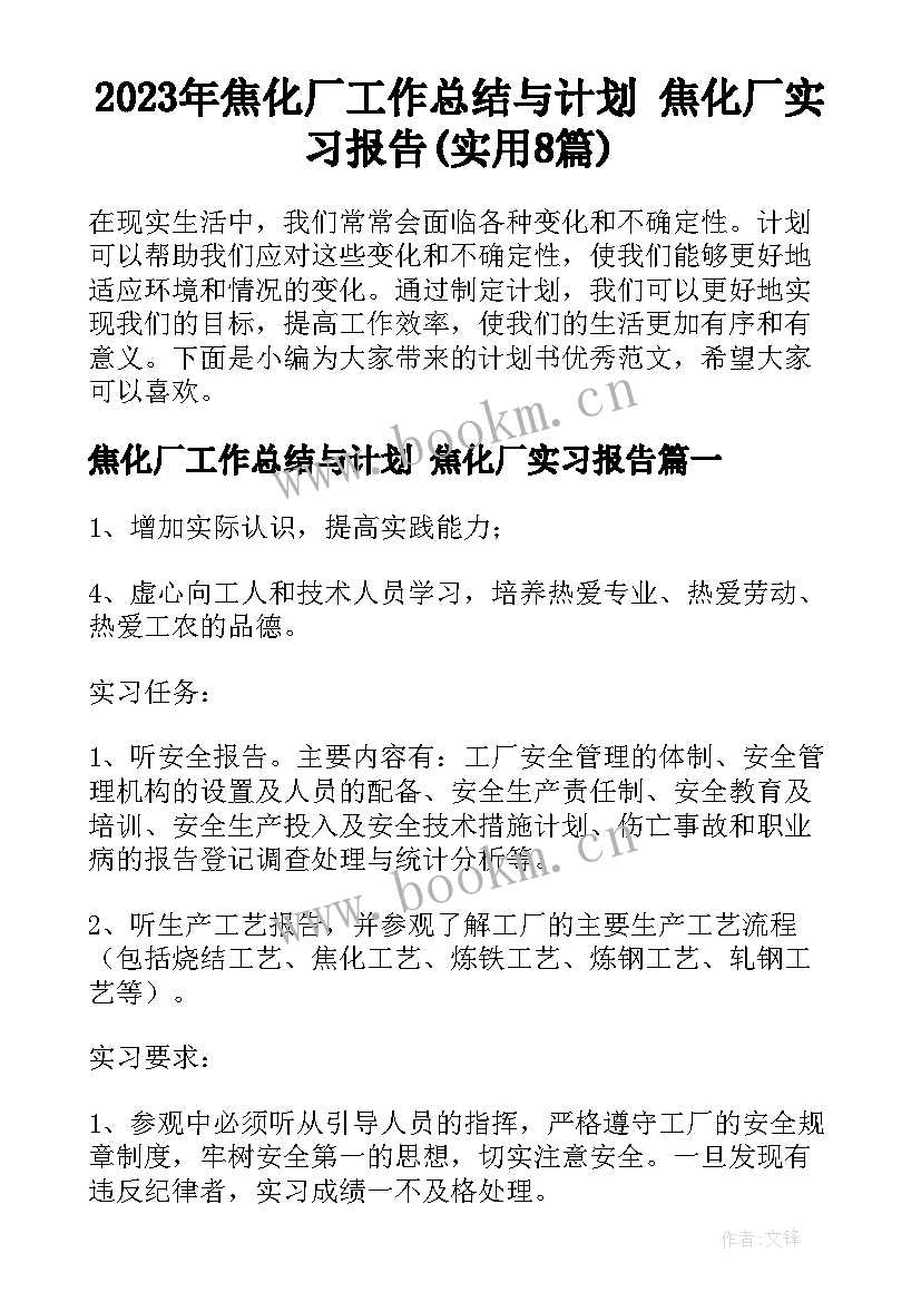 2023年焦化厂工作总结与计划 焦化厂实习报告(实用8篇)