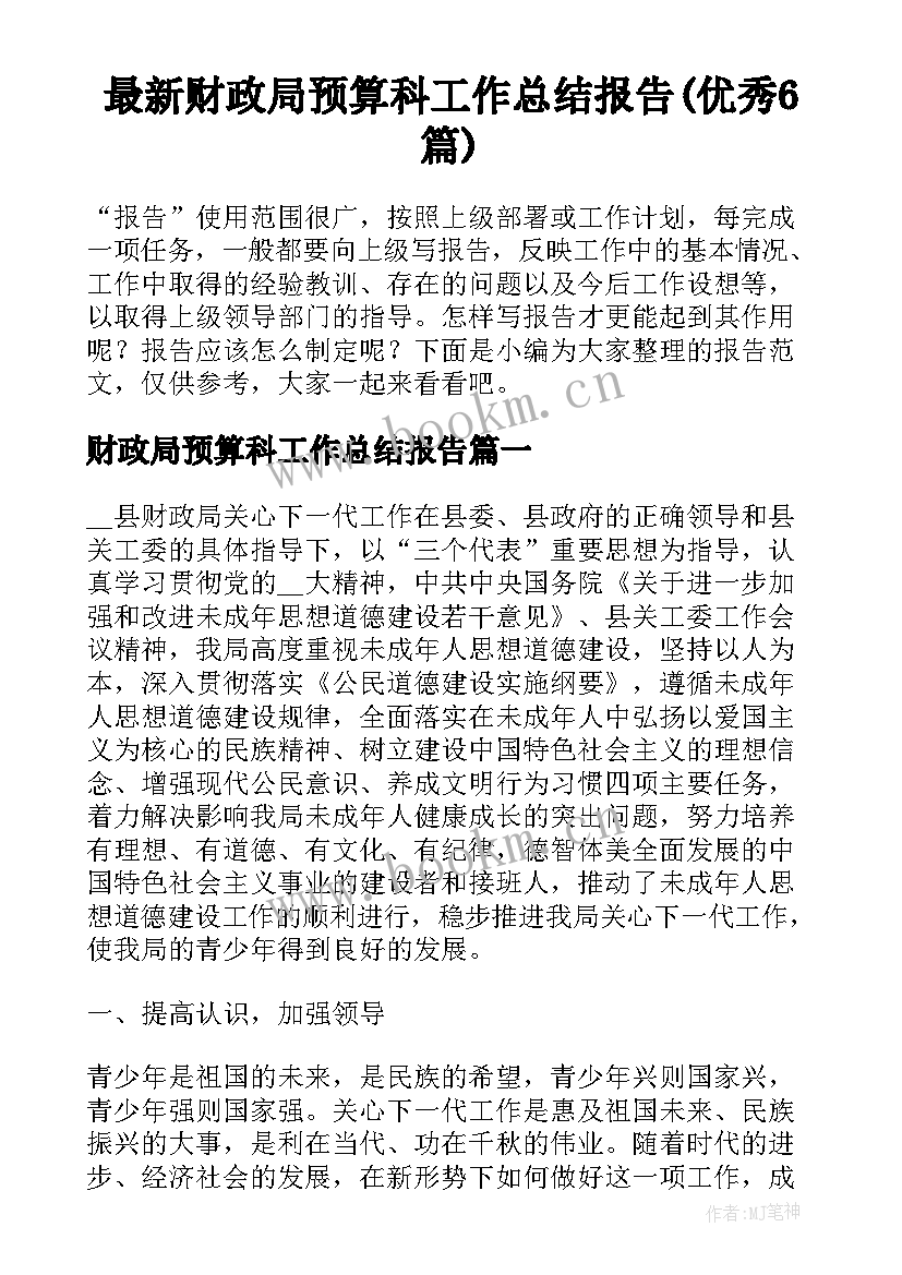 最新财政局预算科工作总结报告(优秀6篇)