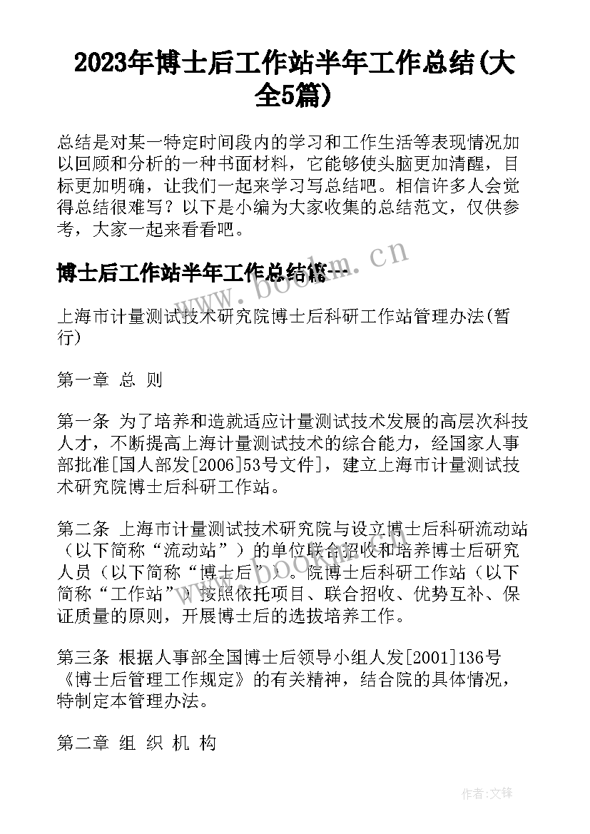 2023年博士后工作站半年工作总结(大全5篇)