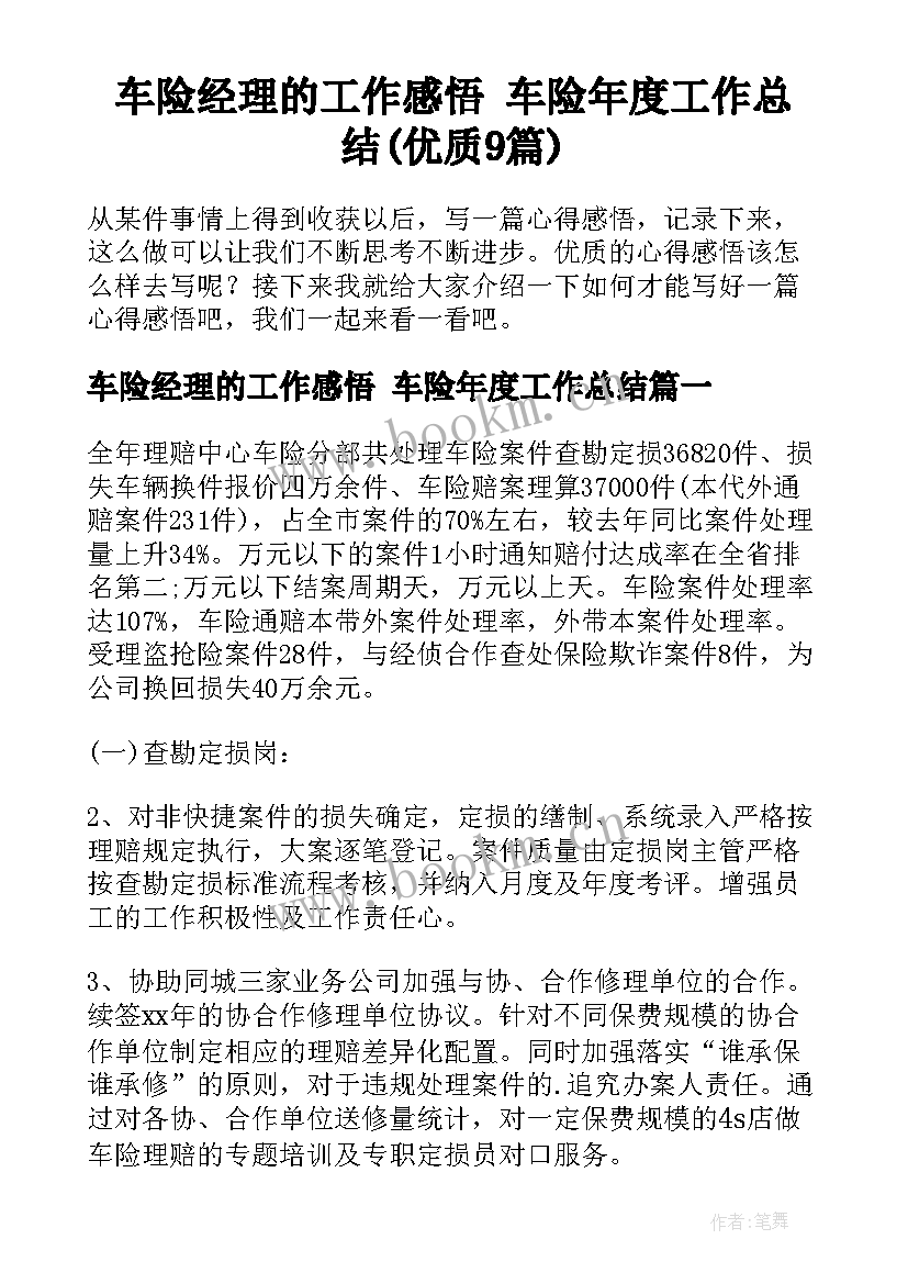 车险经理的工作感悟 车险年度工作总结(优质9篇)