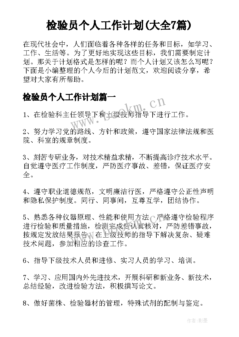 检验员个人工作计划(大全7篇)