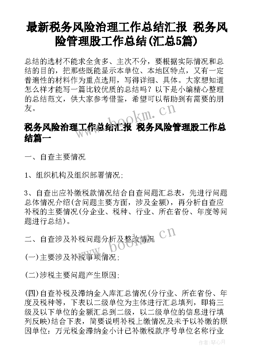 最新税务风险治理工作总结汇报 税务风险管理股工作总结(汇总5篇)