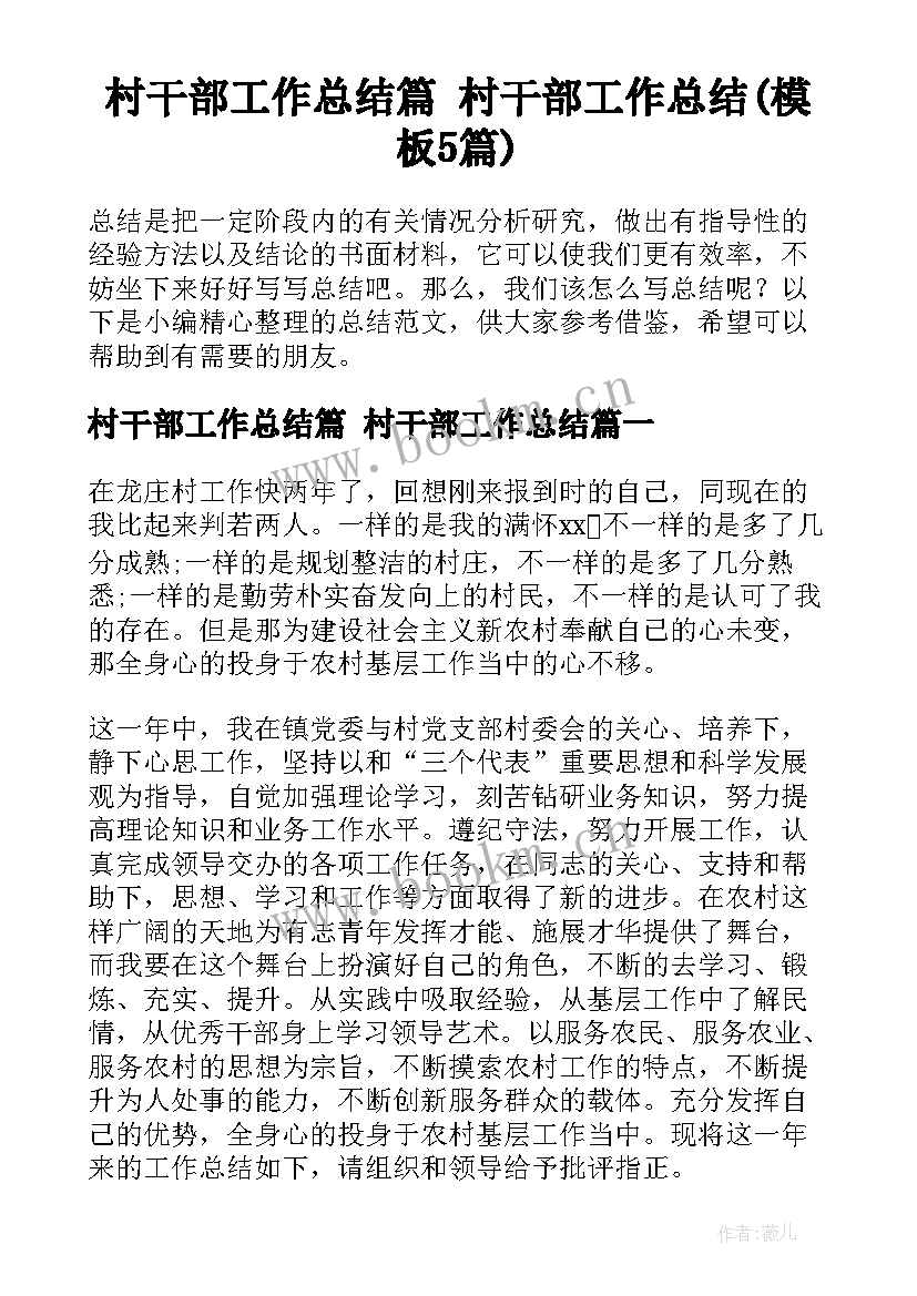 村干部工作总结篇 村干部工作总结(模板5篇)