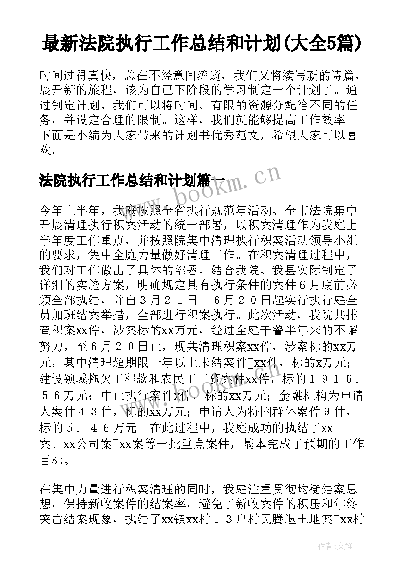 最新法院执行工作总结和计划(大全5篇)