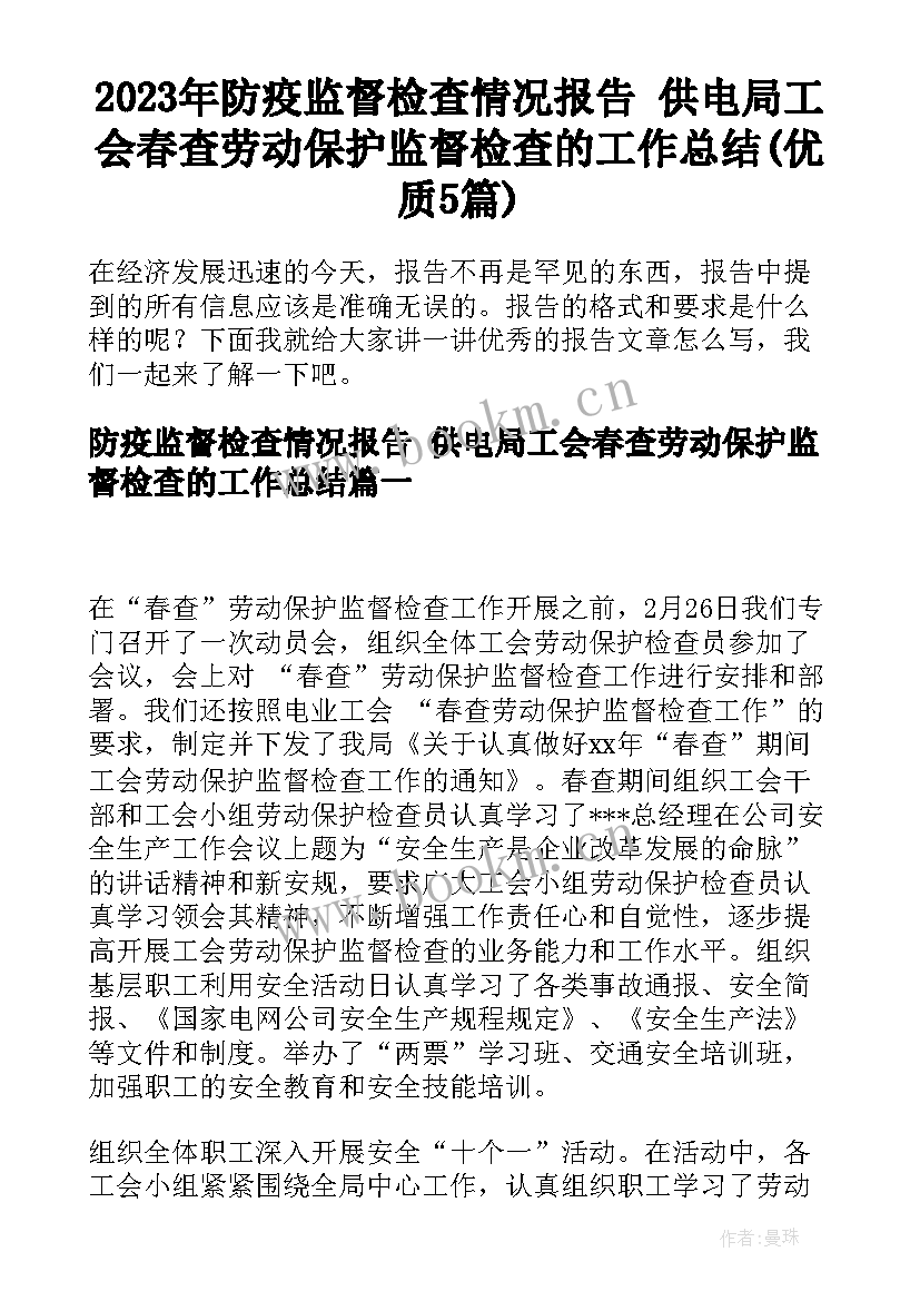 2023年防疫监督检查情况报告 供电局工会春查劳动保护监督检查的工作总结(优质5篇)