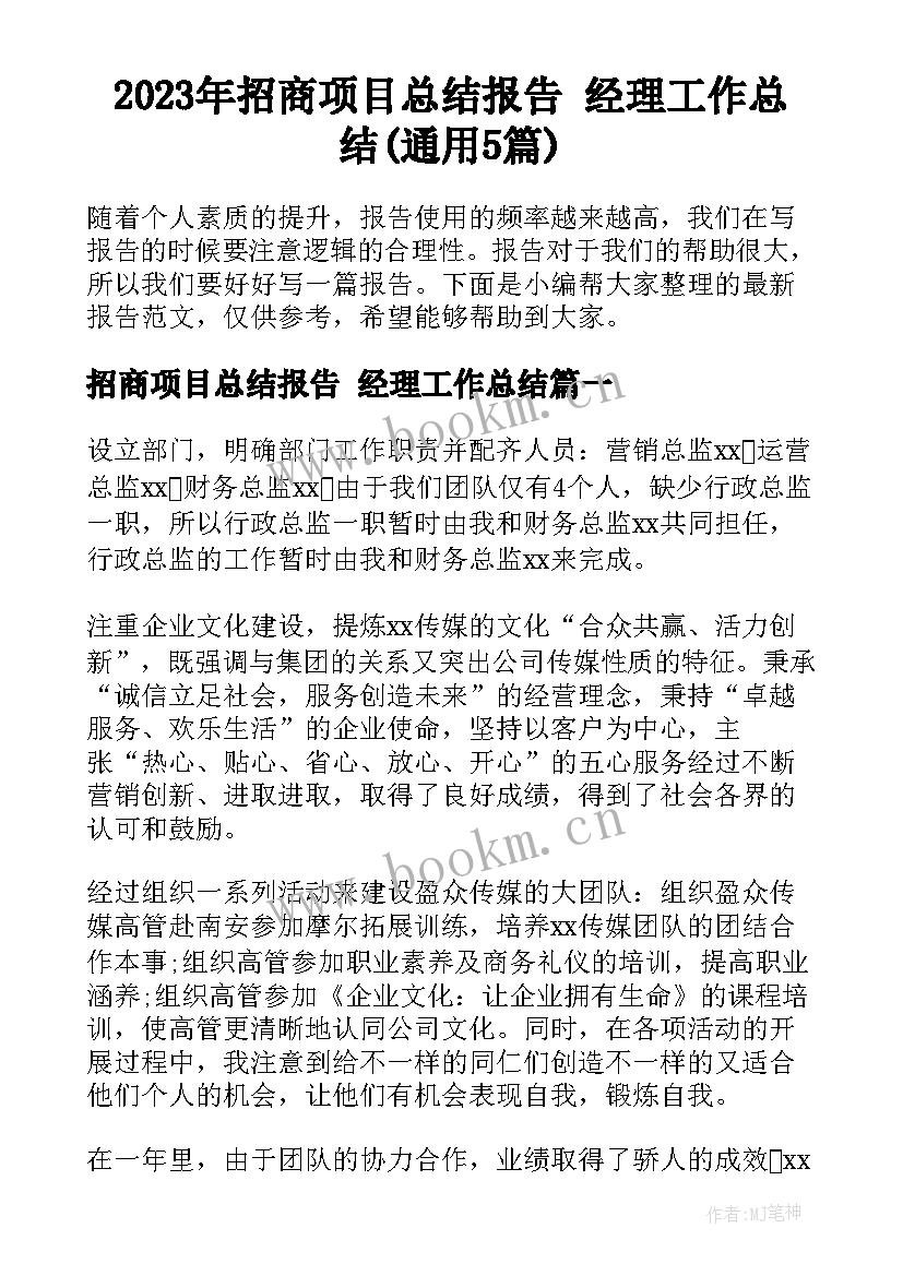 2023年招商项目总结报告 经理工作总结(通用5篇)