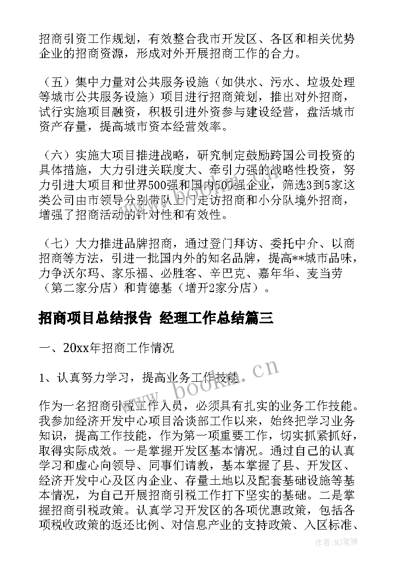 2023年招商项目总结报告 经理工作总结(通用5篇)