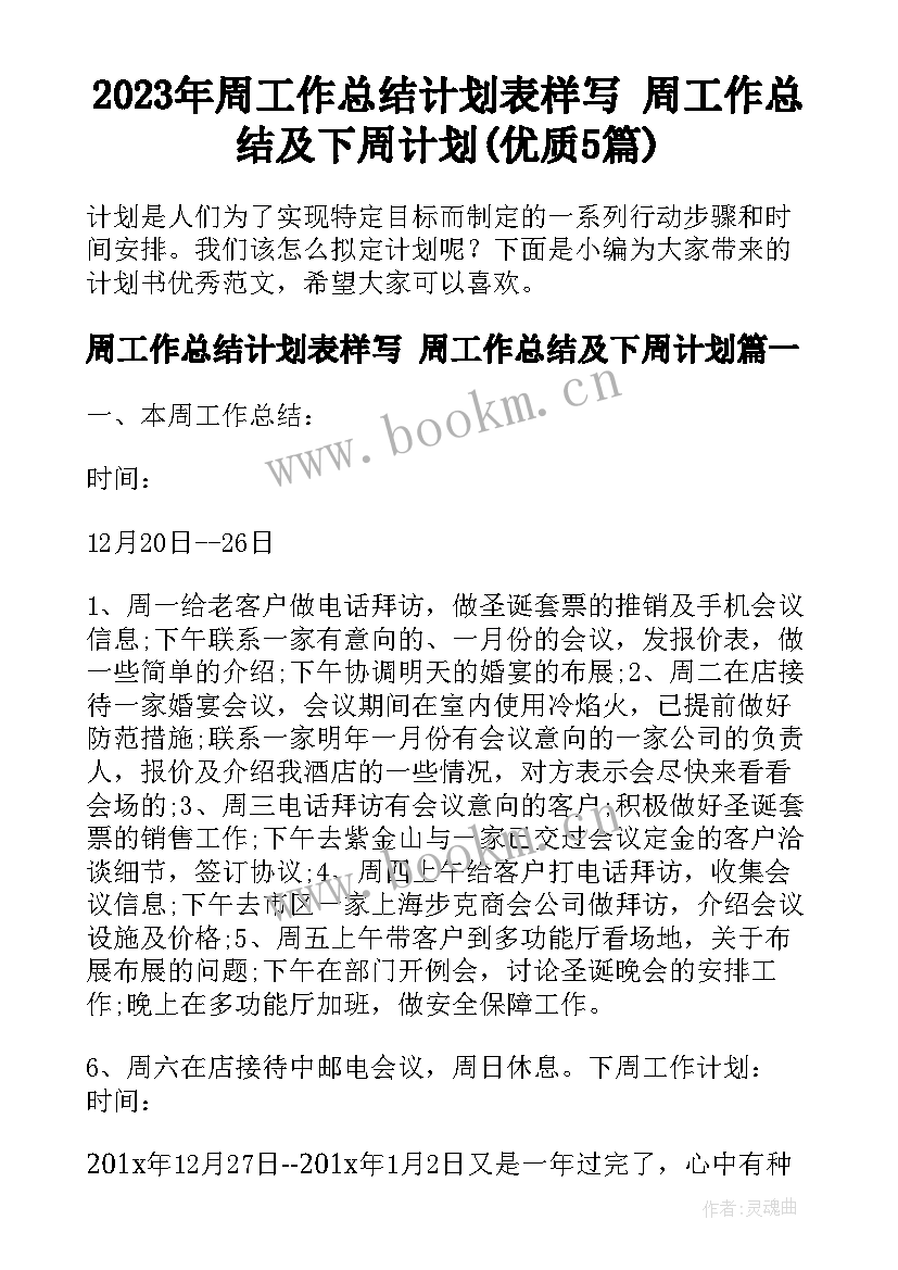 2023年周工作总结计划表样写 周工作总结及下周计划(优质5篇)