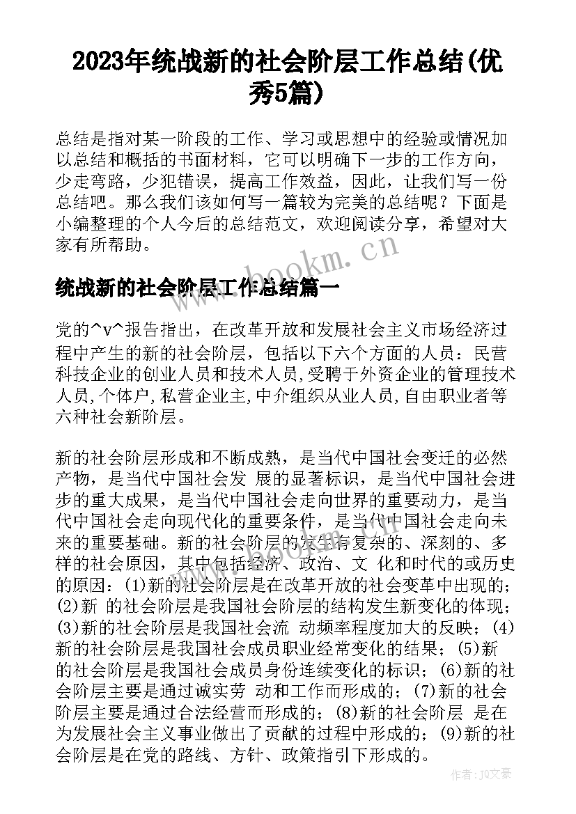 2023年统战新的社会阶层工作总结(优秀5篇)