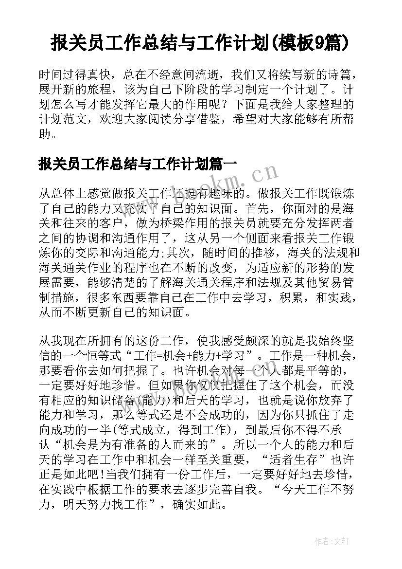 报关员工作总结与工作计划(模板9篇)