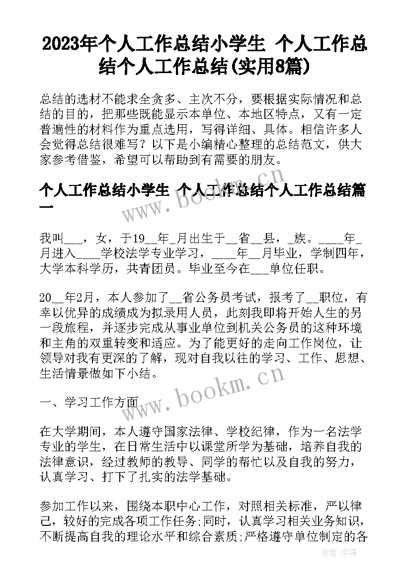 2023年个人工作总结小学生 个人工作总结个人工作总结(实用8篇)