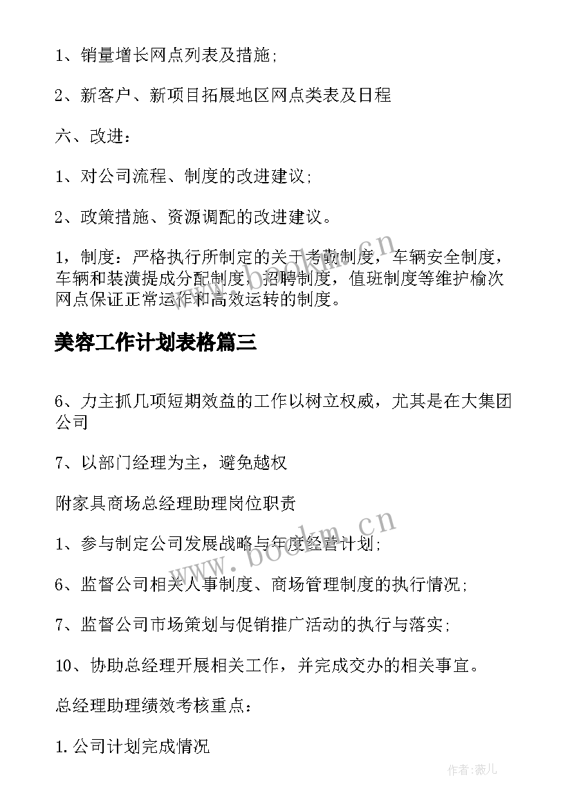 2023年美容工作计划表格(精选10篇)