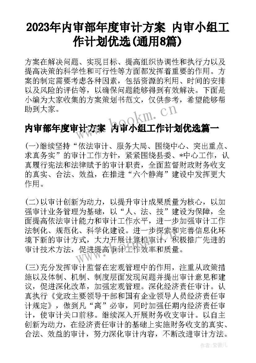 2023年内审部年度审计方案 内审小组工作计划优选(通用8篇)