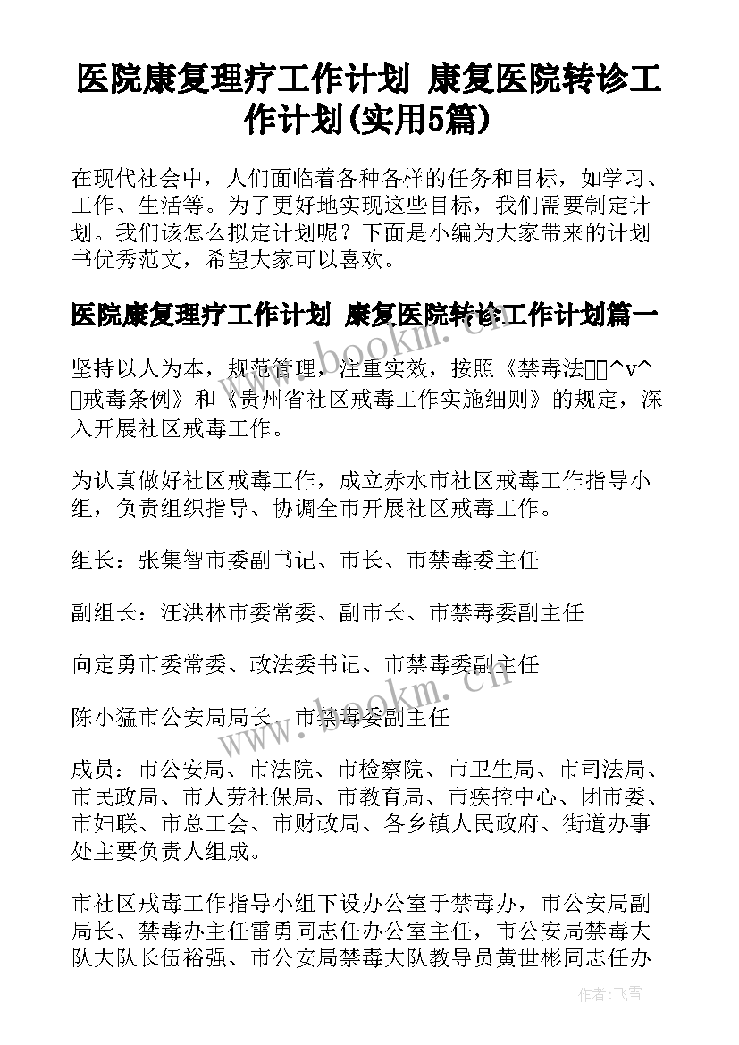 医院康复理疗工作计划 康复医院转诊工作计划(实用5篇)