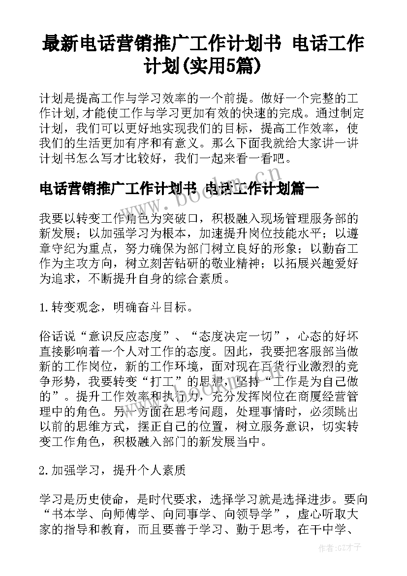 最新电话营销推广工作计划书 电话工作计划(实用5篇)