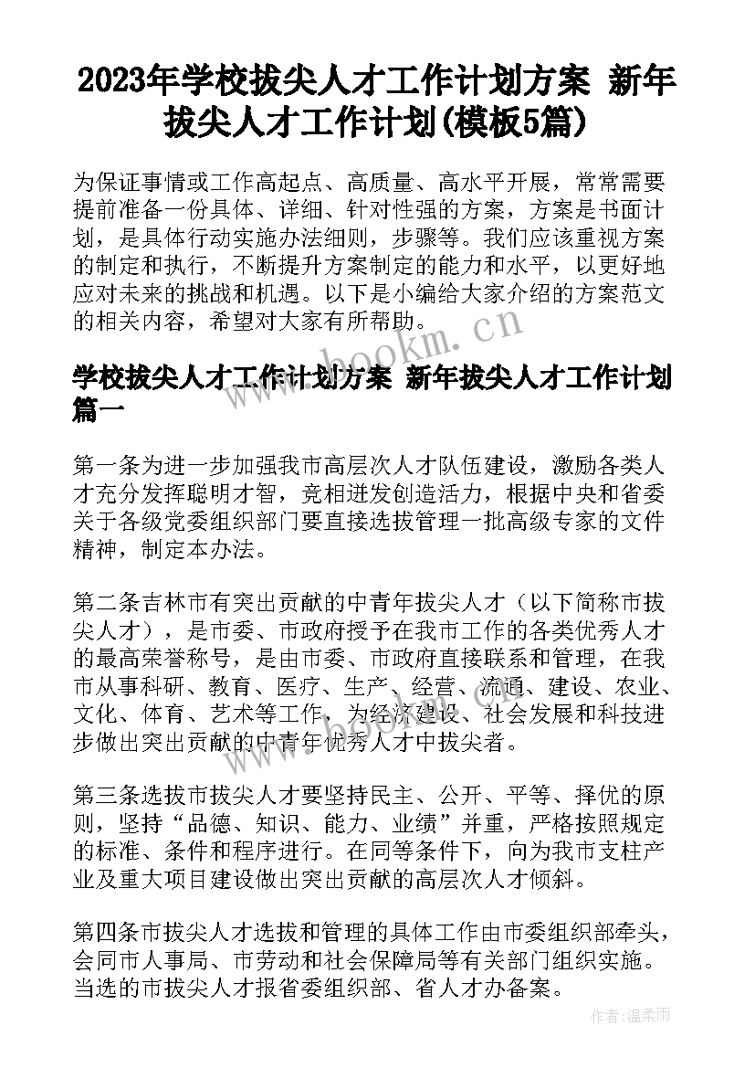 2023年学校拔尖人才工作计划方案 新年拔尖人才工作计划(模板5篇)