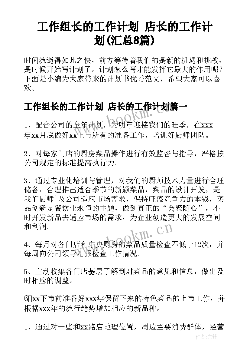 工作组长的工作计划 店长的工作计划(汇总8篇)