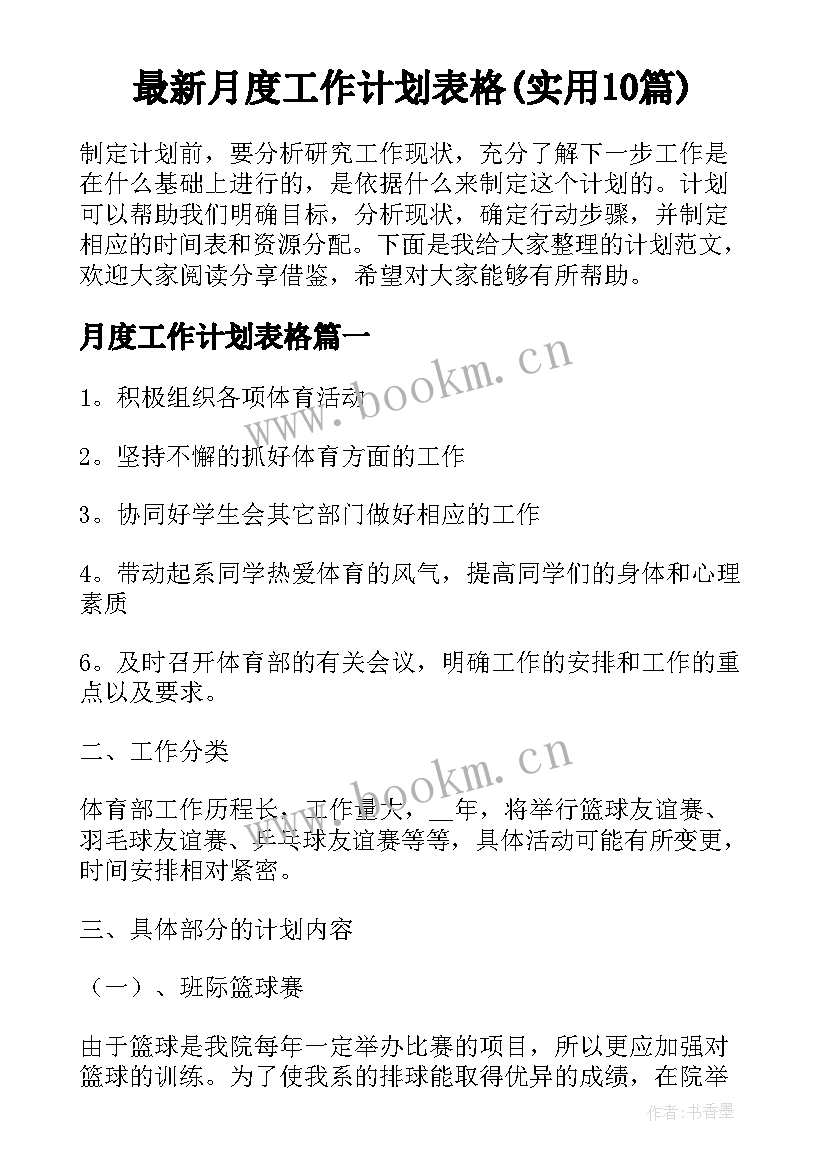 最新月度工作计划表格(实用10篇)