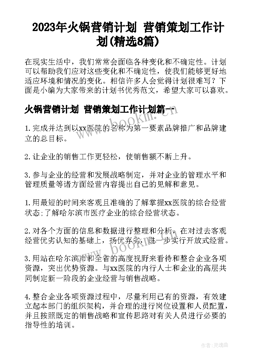 2023年火锅营销计划 营销策划工作计划(精选8篇)